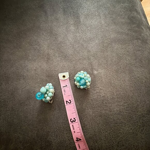Vintage Clip-On Earrings W/ Blue & Green Beaded Cluster Design - Picture 4 of 4